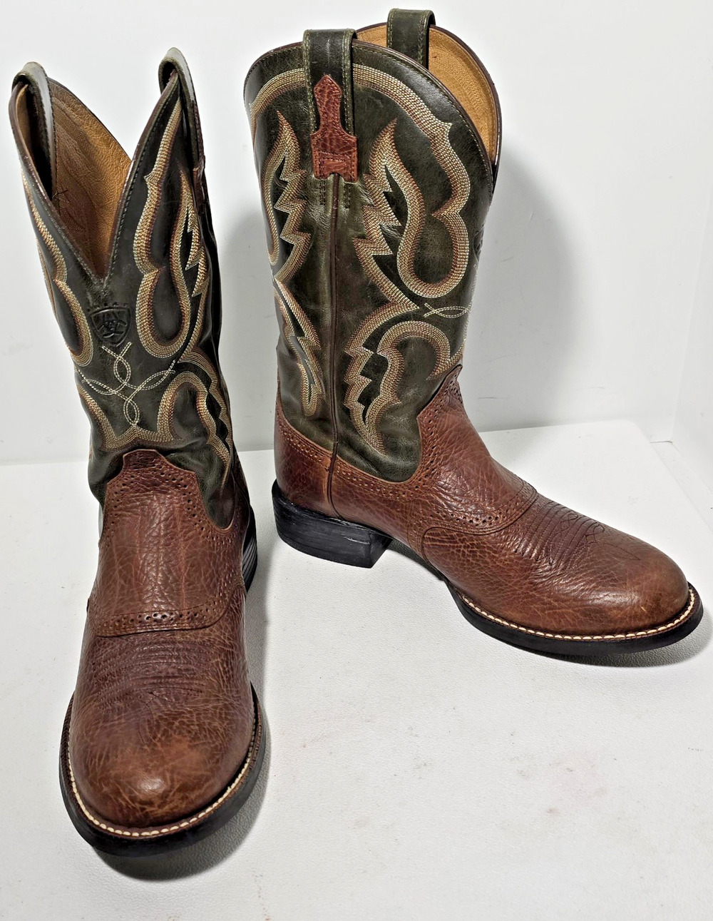 Men’s Ariat Heritage Western Tan/Green Distressed Leather Boots 10005029 Sz 9.5D